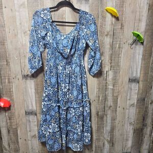 Patrons of Peace Dress Small Blue Floral Off Shoulder Smocked Ruffled Midi Boho